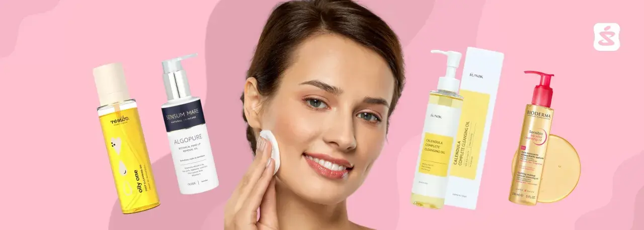 Kobieta z wacikiem usuwa makijaż, obok kosmetyki: jaki olejek do demakijażu wybrać? Resibo, Sensum Mare, Iunik, Bioderma.