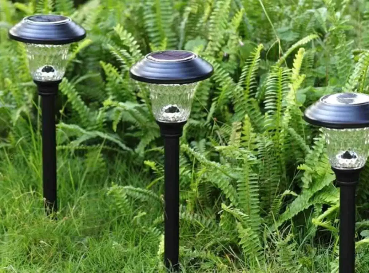 Trzy lampy solarne w ogrodzie, pokazujące, jak działa lampa solarna: panel zbiera energię słoneczną, która zasila żarówkę po zmroku.