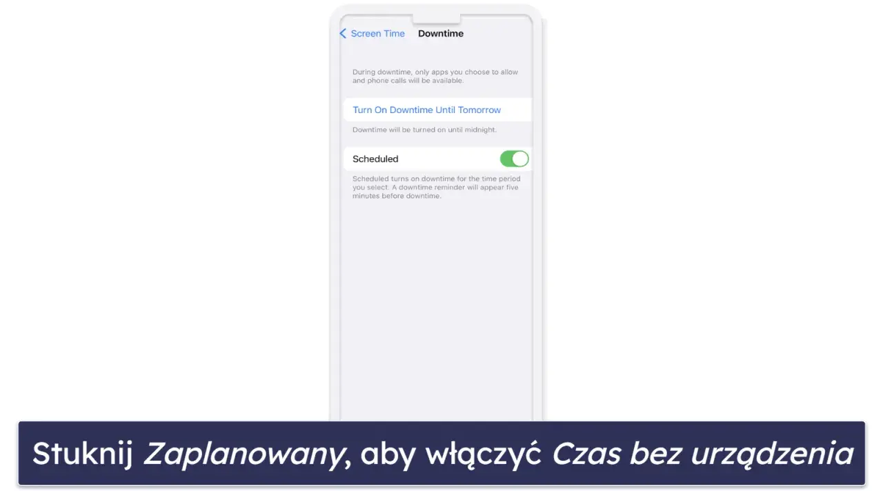Kontrola rodzicielska iPhone: włącz "Zaplanowany" Czas bez urządzenia, aby ustawić przerwy od telefonu.
