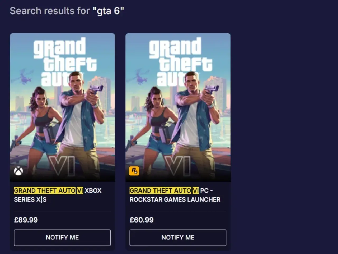 Wyniki wyszukiwania "gta 6" pokazują okładki gry Grand Theft Auto VI na Xbox Series X|S i PC.
