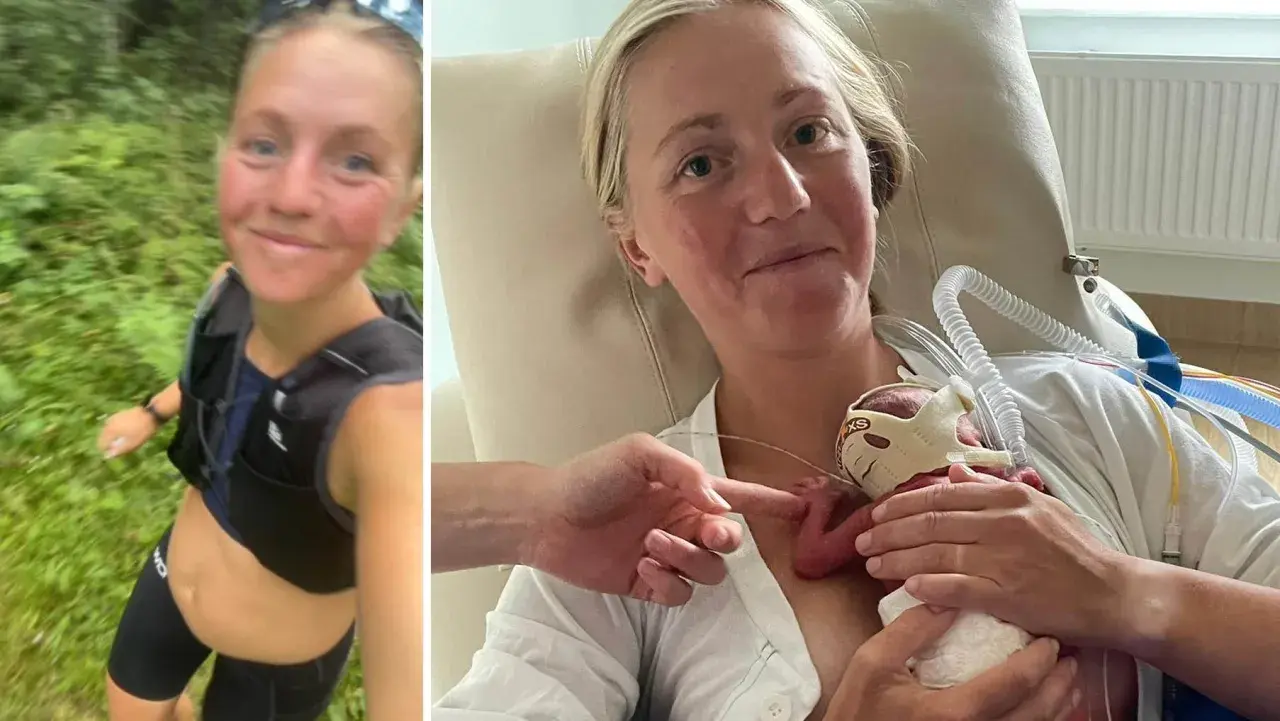 Kvinna springer i skogen, sedan håller hon sitt nyfödda barn med slangar. Sammandragningar vecka 25 ledde till för tidig födsel.