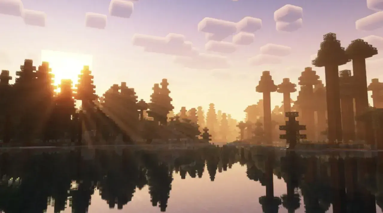 Piękny wschód słońca w Minecraft z promieniami przechodzącymi przez drzewa. Chcesz wiedzieć, jak wgrać shadery do Minecraft, by uzyskać taki efekt?