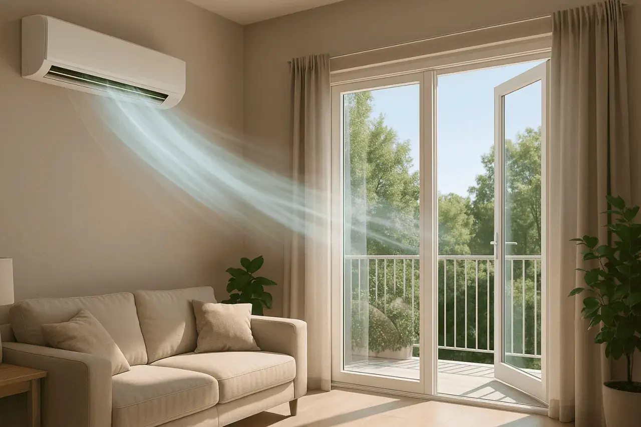 Aire acondicionado enfría la sala, creando una brisa refrescante. La puerta del balcón abierta permite ventilar un ambiente con luz natural y vistas a árboles frondosos.