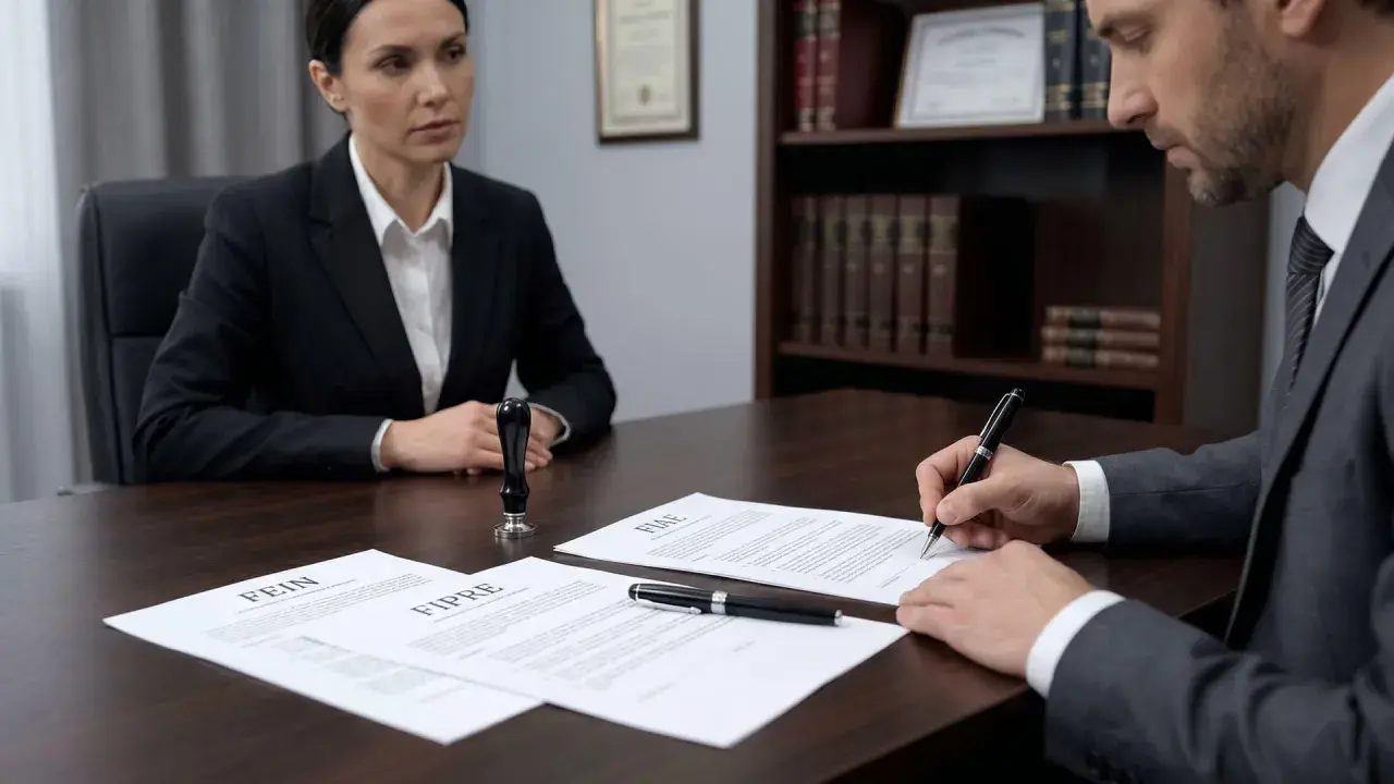 Un hombre firma un documento en una oficina, mientras una mujer observa. El documento tiene la palabra "FEIN" visible.