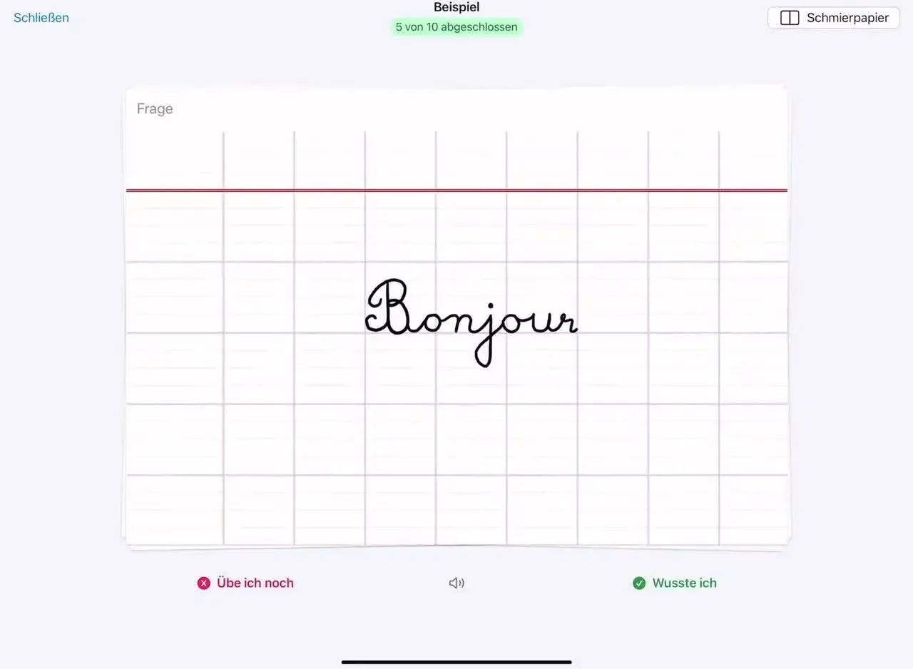GoodNotes Karteikarten: Auf einer karierten Karteikarte steht das Wort "Bonjour" in geschwungener Schrift.