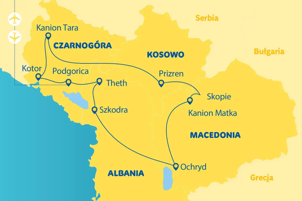 Mapa pokazuje trasę podróży po Bałkanach: Czarnogóra, Kosowo, Macedonia, Albania. Zaznaczone miasta: Kotor, Podgorica, Theth, Szkodra, Prizren, Ochryd, Skopie.