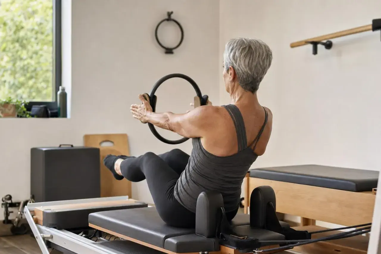 Donna matura con un anello Pilates, impegnata in un allenamento per raddrizzare la schiena a 50 anni.