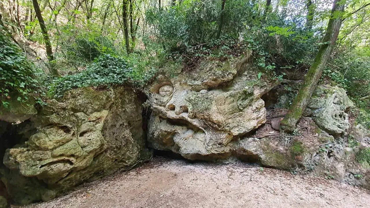 Volto scolpito nella roccia lungo il sentiero Li Vurgacci, circondato da vegetazione lussureggiante.