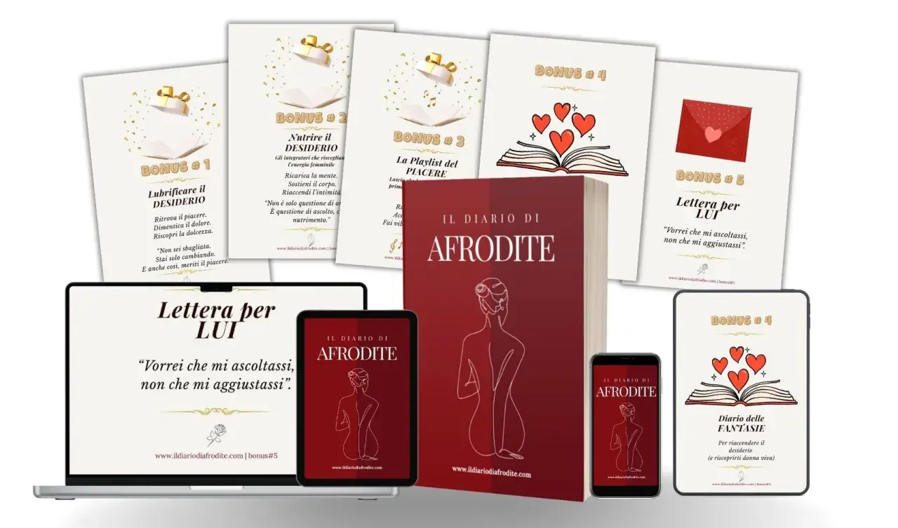 Materiale promozionale per "Il Diario di Afrodite", con bonus su come risvegliare il desiderio femminile, lubrificare il piacere e nutrire l'energia.