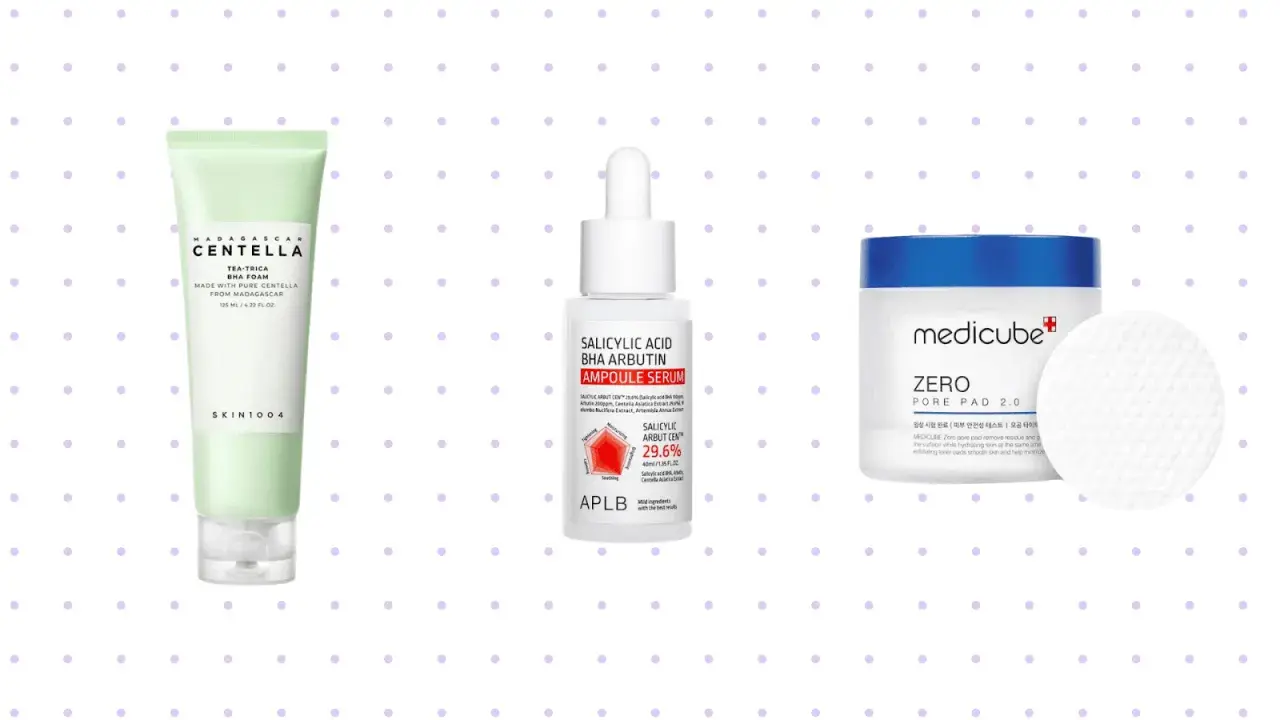 Tris di prodotti skincare: detergente alla centella, siero con acido salicilico e niacinamide, e dischetti esfolianti per minimizzare i pori.