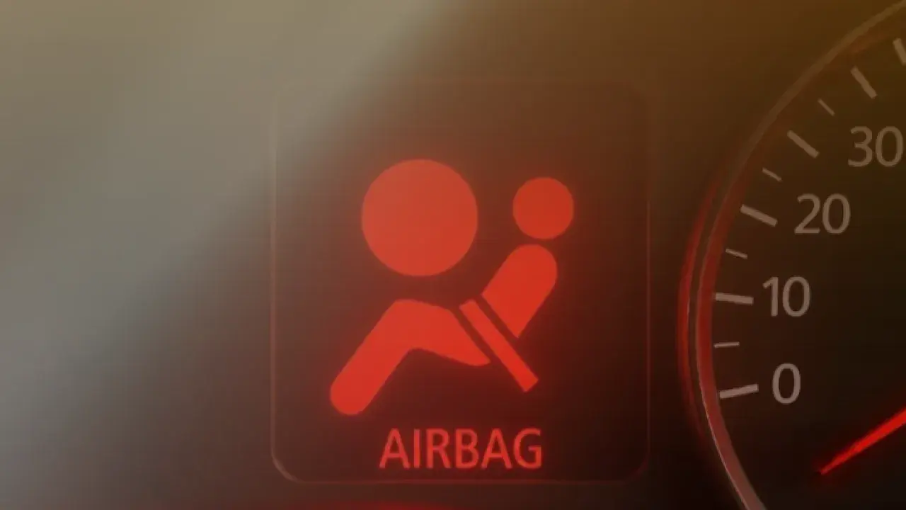 Spia rossa airbag accesa sul cruscotto. Un segnale di avvertimento che indica un problema, rendendo il ripristino airbag obbligatorio per la sicurezza.