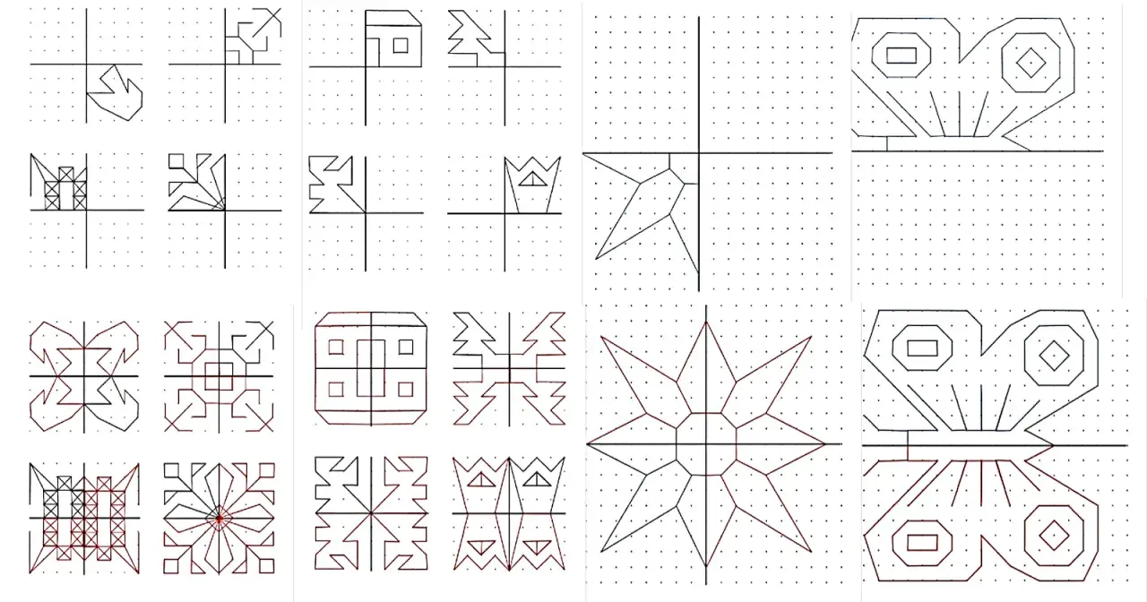 Ejemplos de simetría primaria en cuadrículas: formas geométricas, mariposas y estrellas.