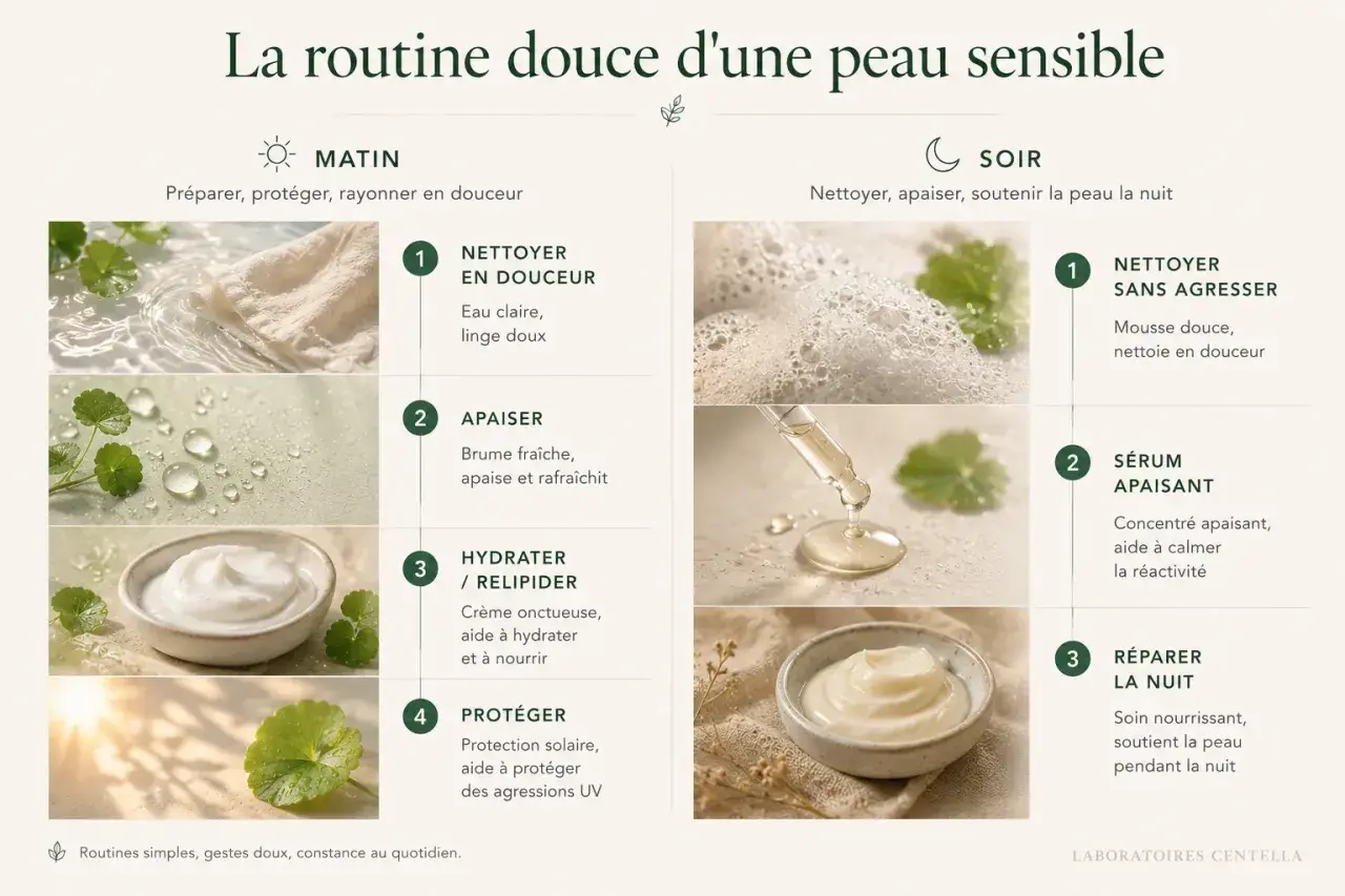Routine du matin et du soir pour peau sensible : nettoyage doux, apaisement, hydratation et protection. Aide à calmer les symptômes de peau sensible.