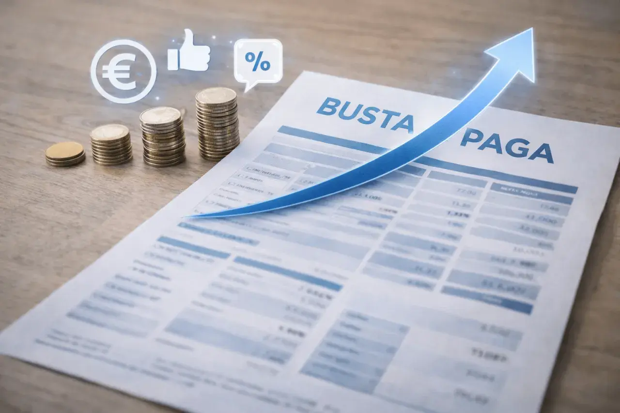Busta paga con grafico a freccia blu in crescita, monete e icone euro, pollice in su e percentuale. Guadagno netto ral 40000.