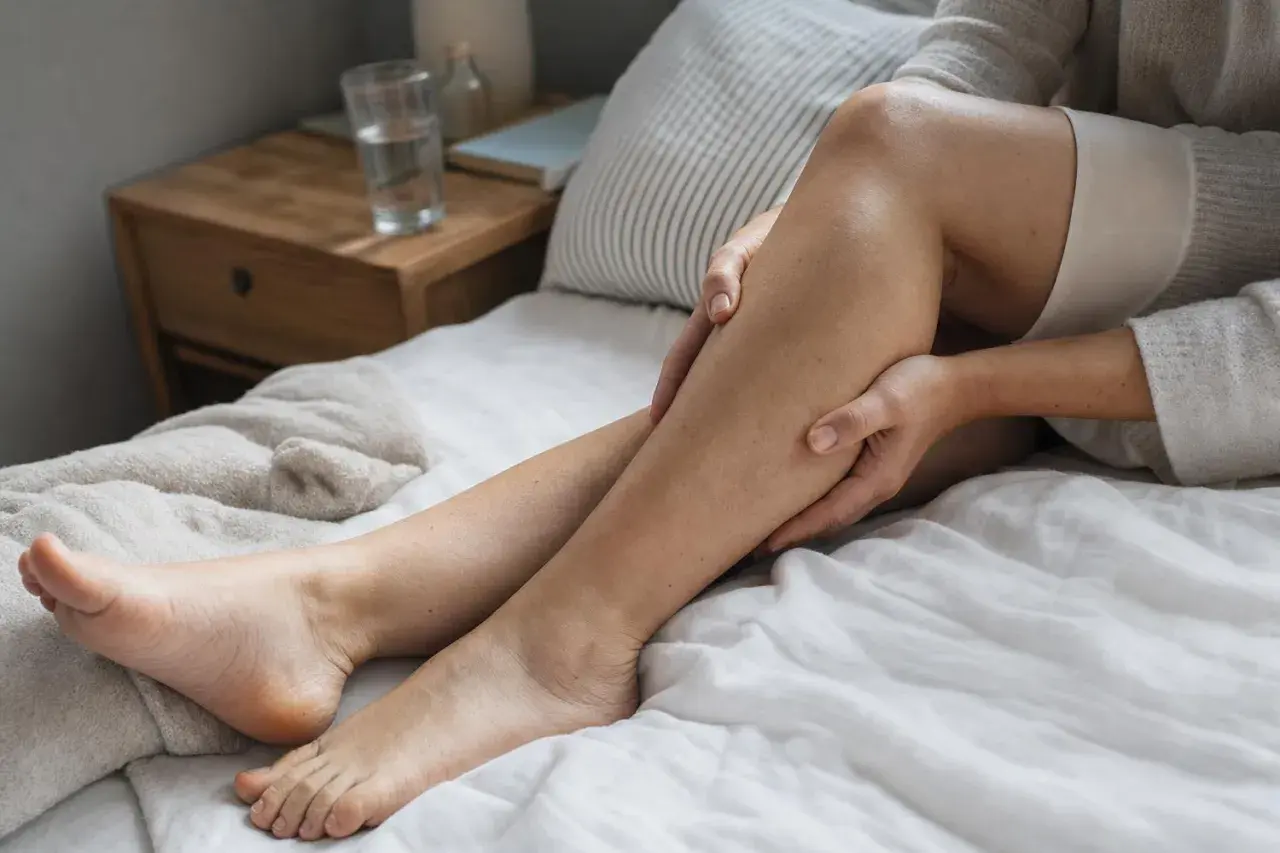 Donna si massaggia la gamba, avvertendo un leggero formicolio.