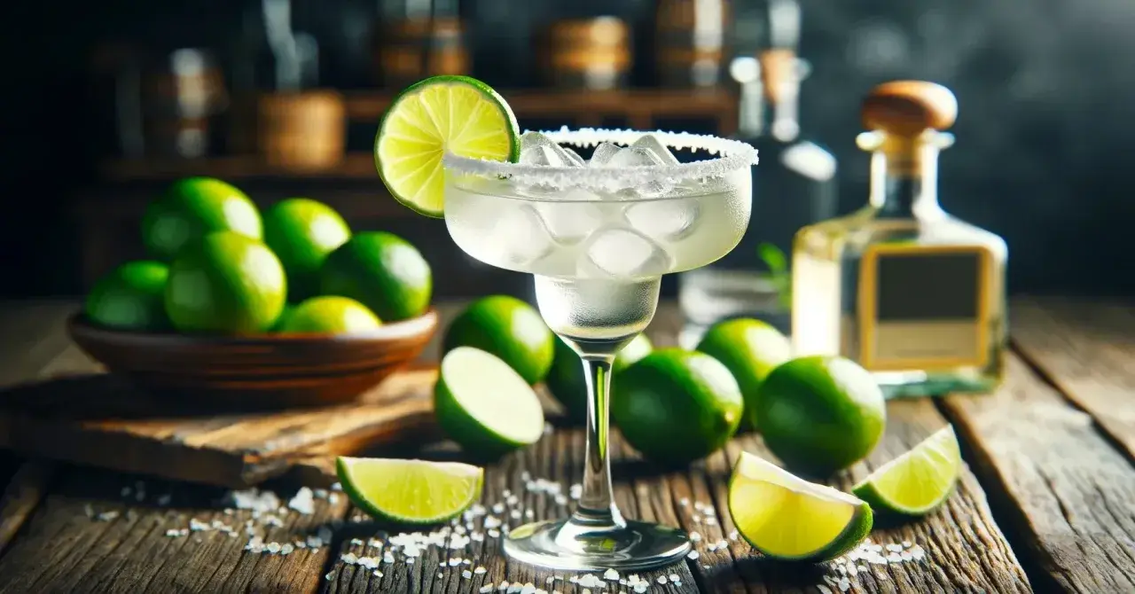 Idealny margarita przepis: orzeźwiający drink z lodem, solą i limonką, obok butelka tequili i miska świeżych limonek.