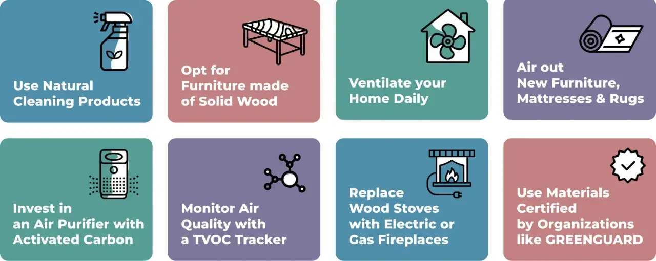 Opt for solid wood furniture to avoid off-gassing from MDF. Other tips include using natural cleaners, ventilating, and airing out new items.