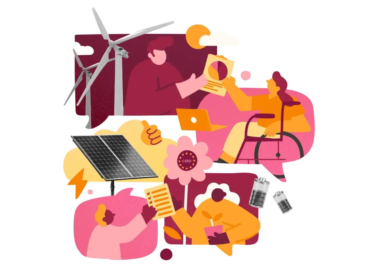 Illustration visar hur csr betyder hållbarhet med vindkraft, solpaneler, batterier, och människor som samarbetar för en bättre framtid.