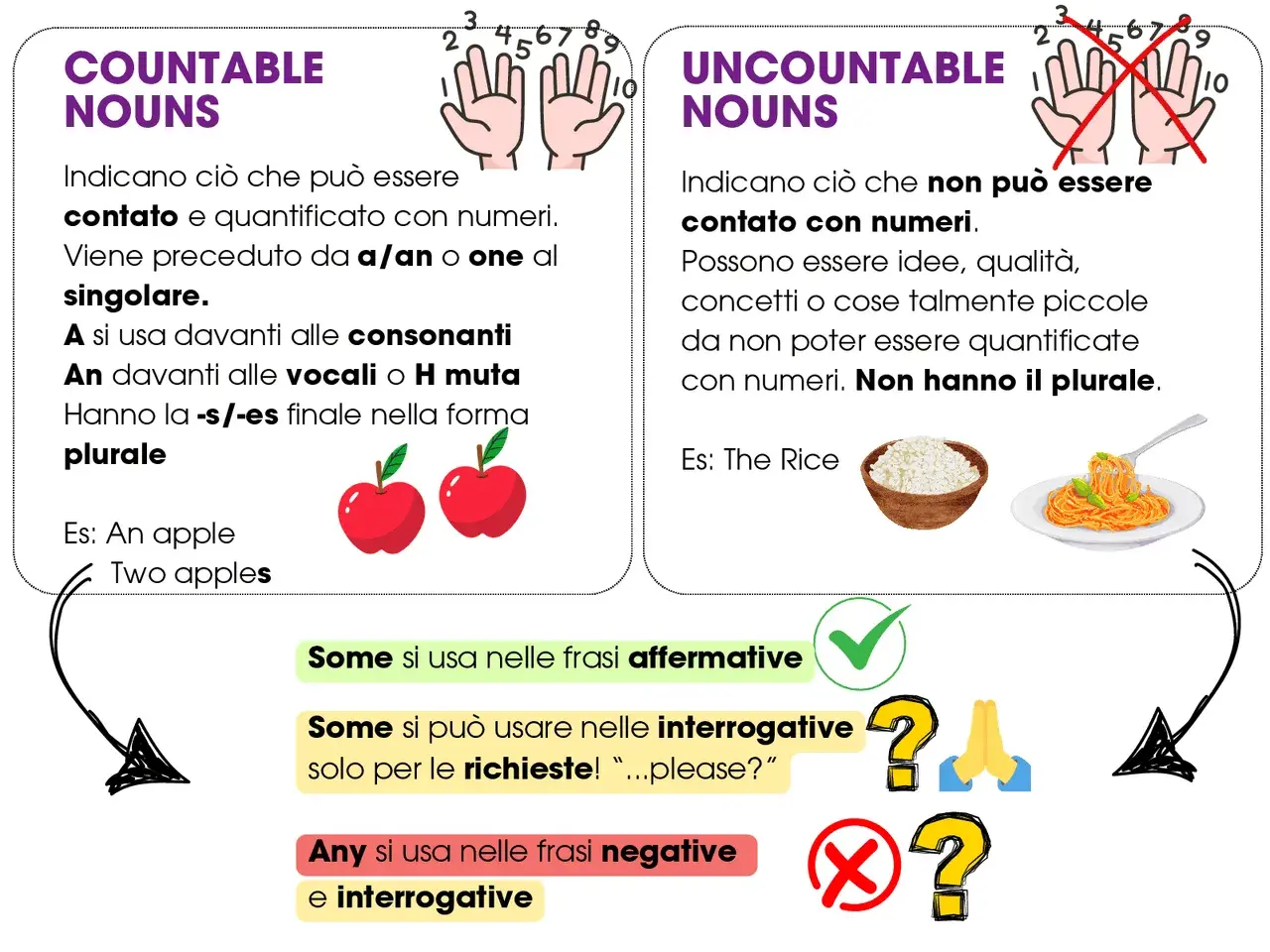 Nomi numerabili (es. mele) e non numerabili (es. riso, pasta). Regole per "a/an", "one", "s/-es" e per "some/any".