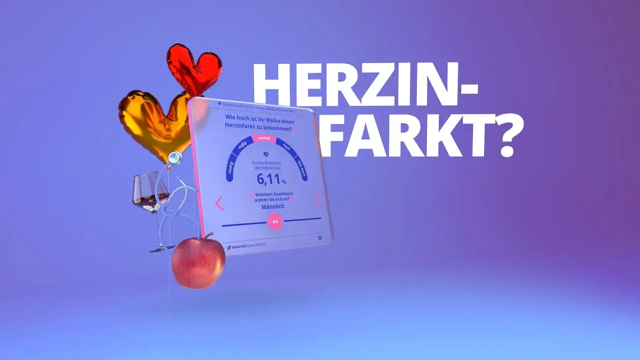 Herzinfarkt-Risiko-Rechner mit Herzballons, Wein und Apfel. Erfahren Sie mehr über Risikofaktoren für einen Herzinfarkt.
