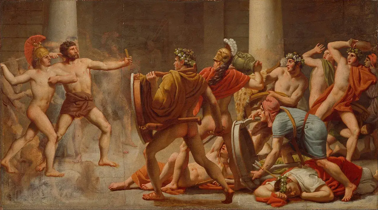 Scène de combat antique. Un homme barbu, peut-être le père d'Ulysse, pointe du doigt un adversaire. Des guerriers tombent, d'autres se battent.