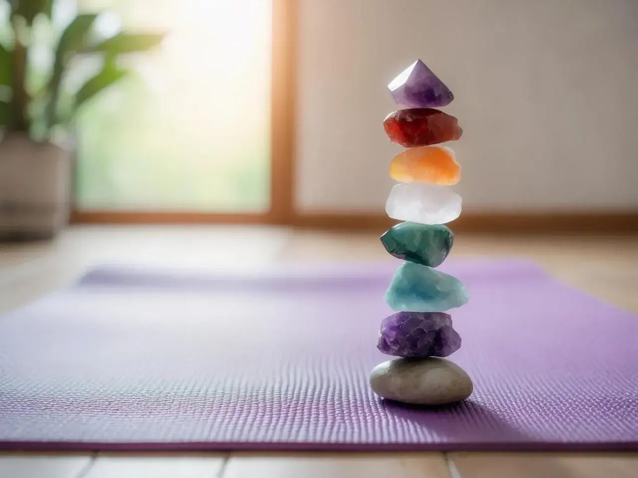 En stapel färgade stenar, som en bok om stenar, balanserar på en yogamatta.