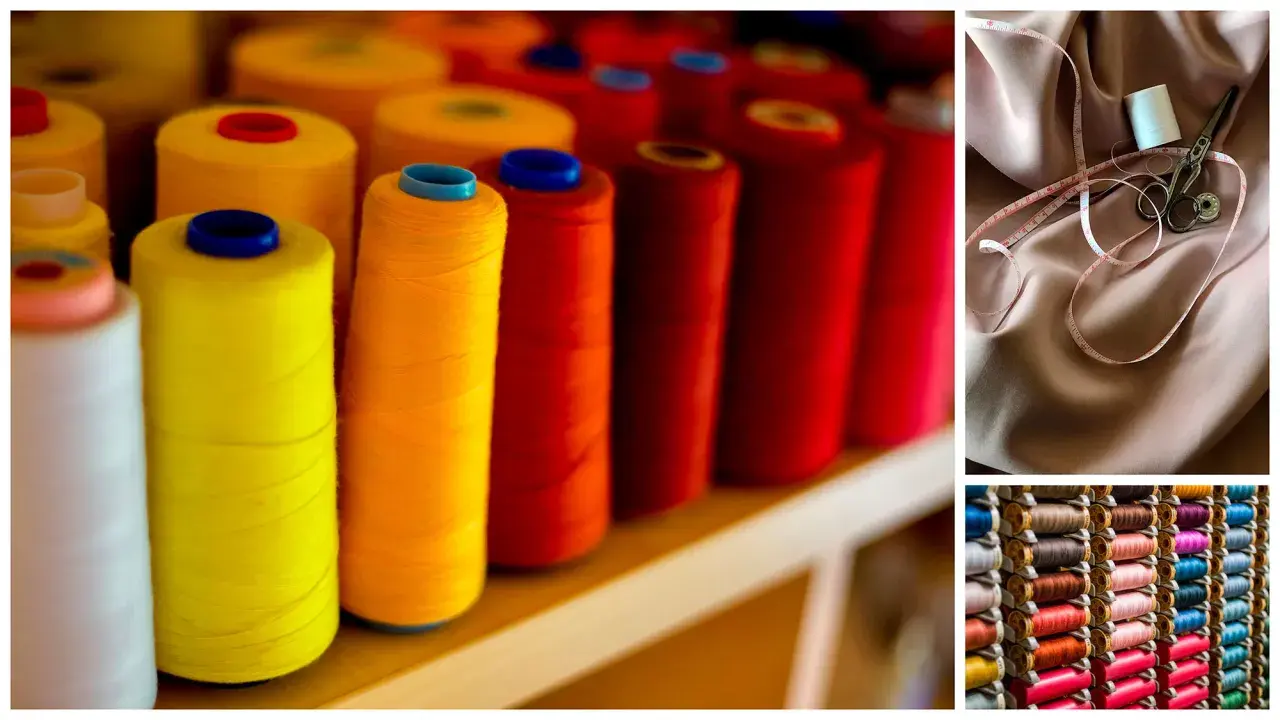 Bobines de fil métallique utilisé dans les textiles, aux couleurs vives. Un mètre ruban et des ciseaux sur un tissu rose pâle.