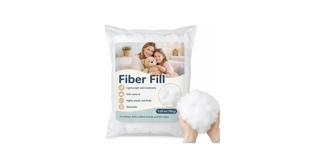 Bag of Fiber Fill, showing it's washable. Learn how to wash loose polyfill for your crafts.