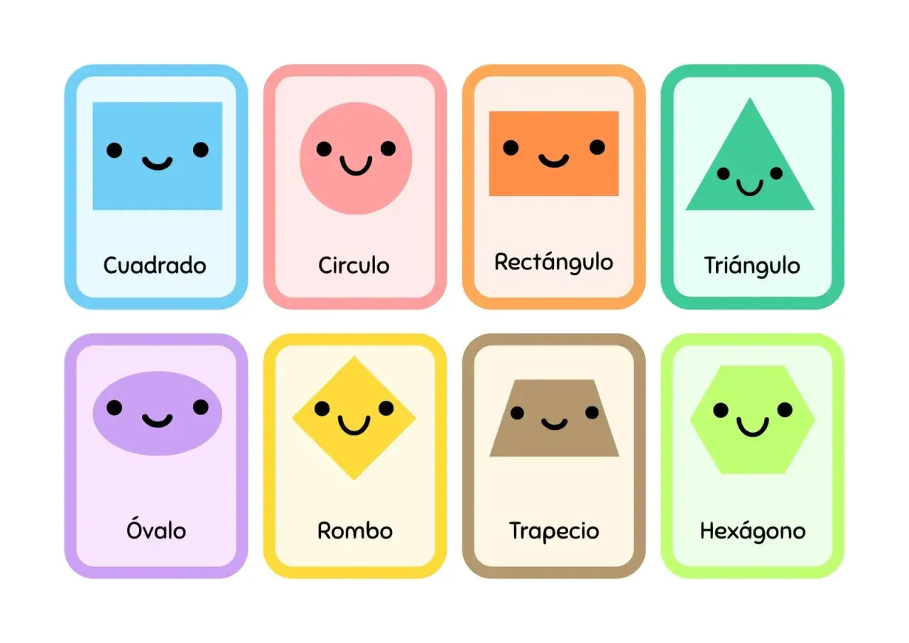 Tarjetas con figuras geométricas para imprimir: cuadrado, círculo, rectángulo, triángulo, óvalo, rombo, trapecio y hexágono, todos con caritas sonrientes.