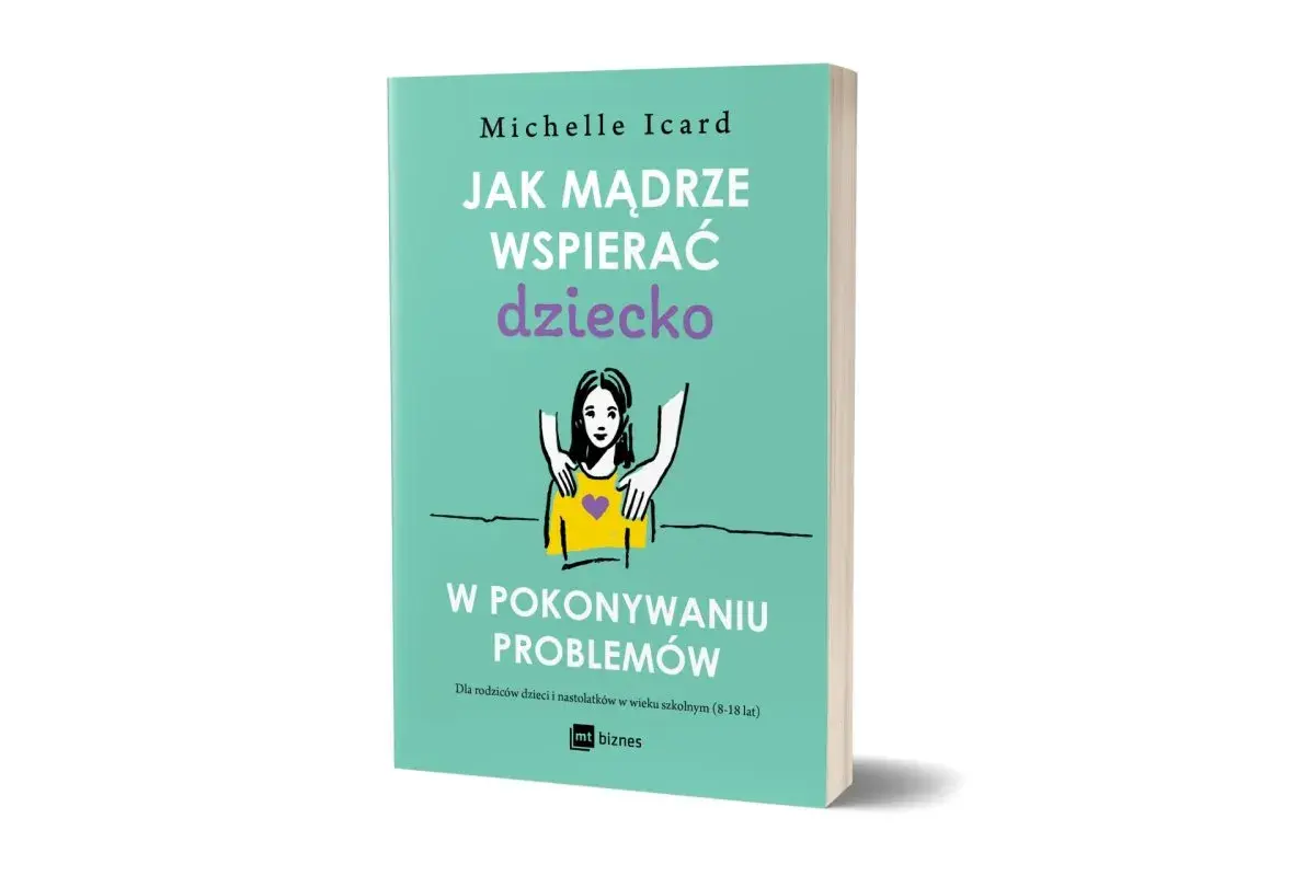 Okładka książki z rysunkiem dziecka i dłonią na ramieniu.