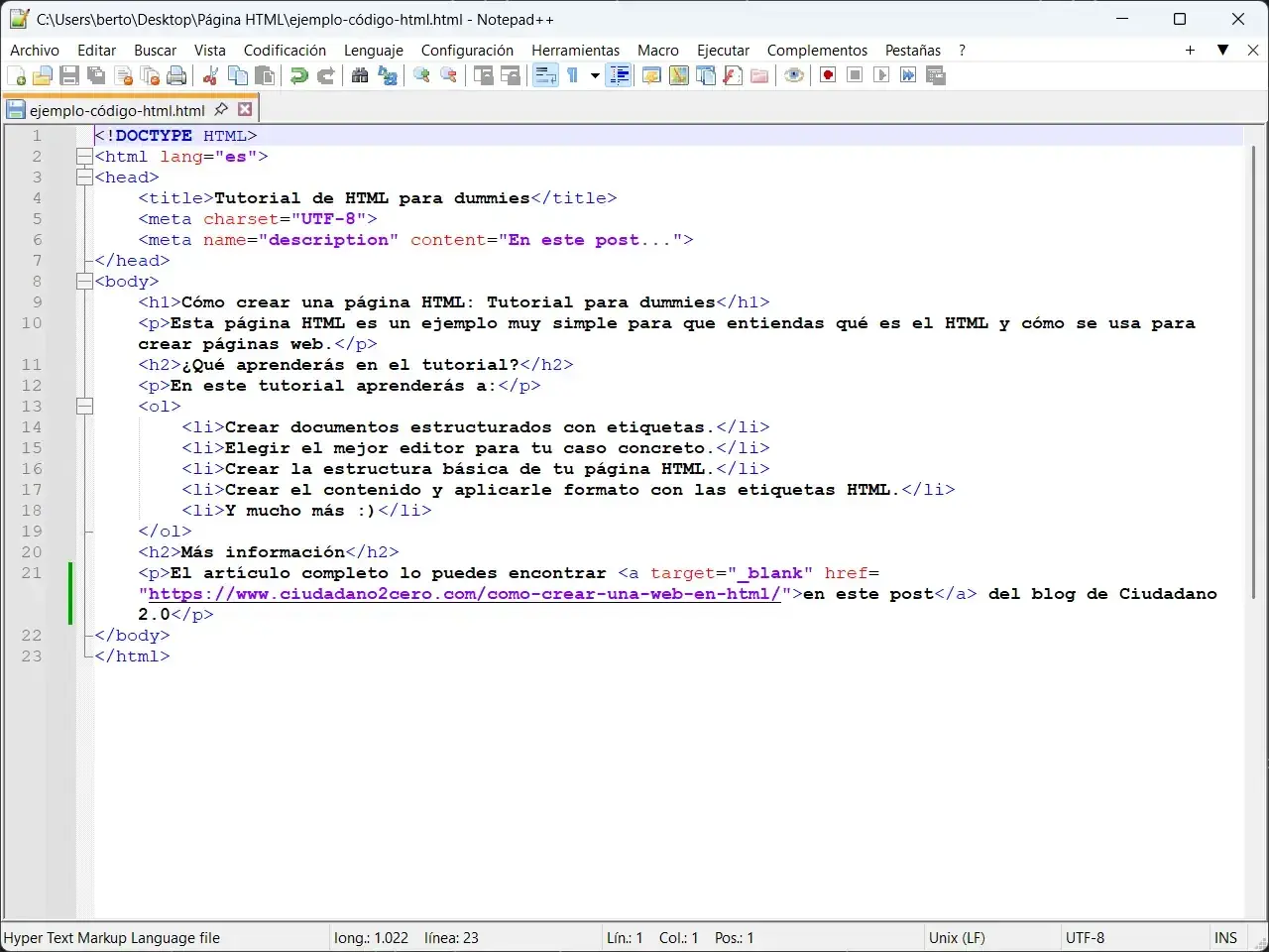 Código HTML que explica qué es HTML y para qué sirve, detallando cómo crear páginas web y estructurar contenido.