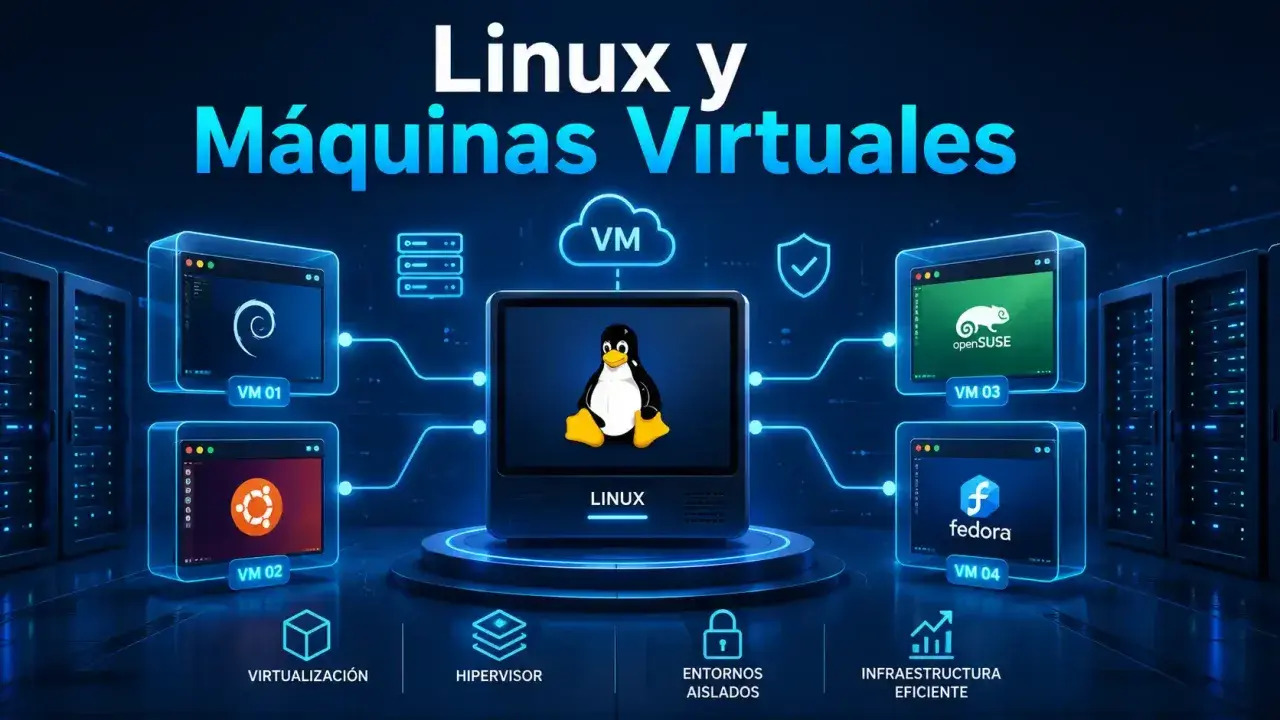Ilustración de Linux y máquinas virtuales, mostrando distribuciones como Debian, Ubuntu, openSUSE y Fedora.