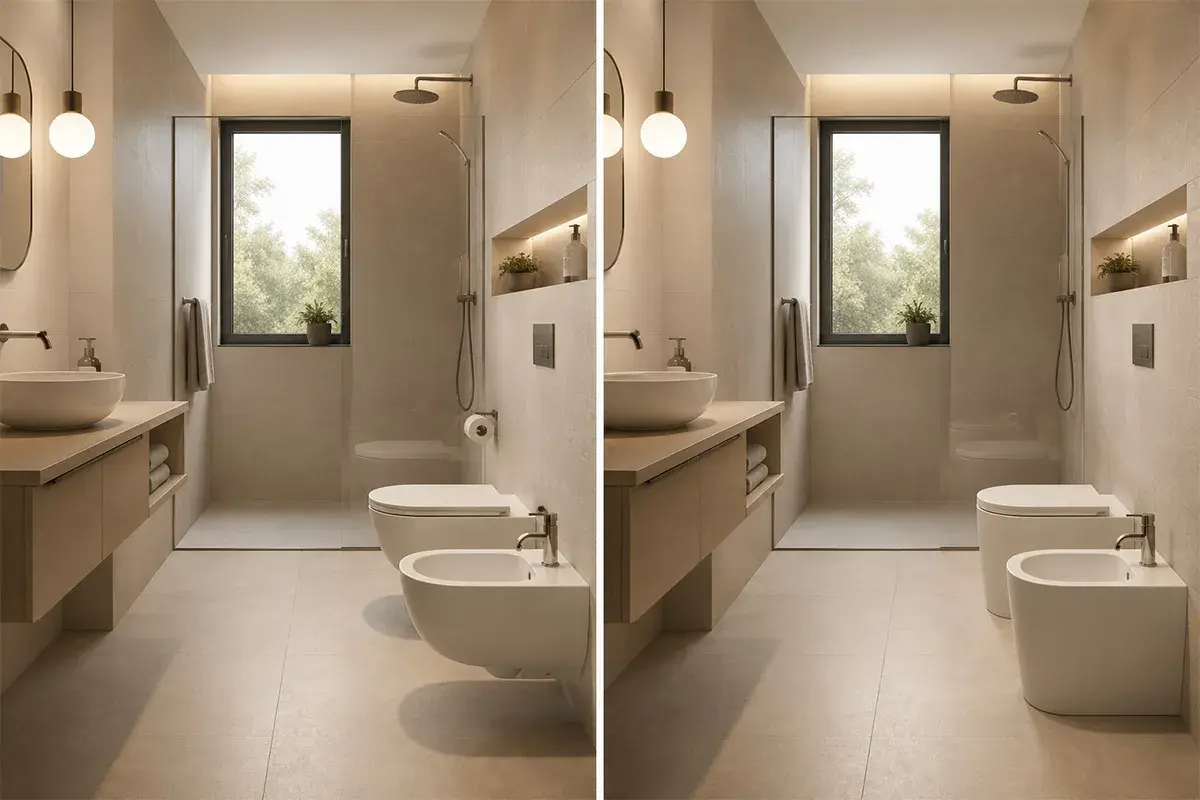 Bagno moderno con sanitari sospesi: pro e contro. Vaso e bidet sospesi, lavabo su mobile, doccia walk-in.