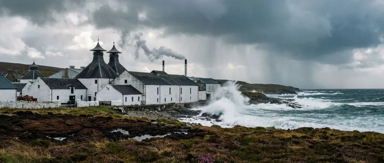 Distillerie sur l'île d'Islay, battue par les vagues et la pluie sous un ciel orageux. La fumée s'échappe d'une cheminée.