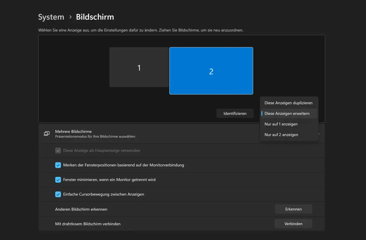Bildschirm-Einstellungen: Zwei Monitore (1 und 2) sind sichtbar. Optionen zum Erweitern oder Duplizieren der Anzeigen sind verfügbar.