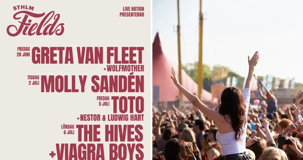 STHLM Fields festivalaffisch med artister som Greta Van Fleet, Molly Sandén, Toto, The Hives. Publiken jublar i bakgrunden.