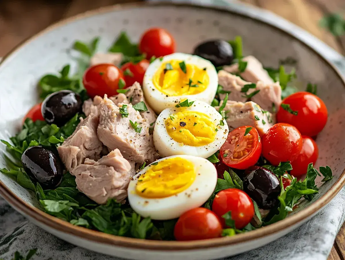 En härlig sallad nicoise med tonfisk, ägg, tomater och oliver på en bädd av gröna blad.
