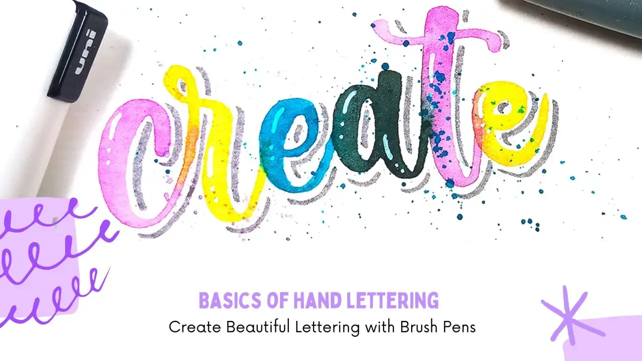El lettering "create" en acuarela, con un rotulador Uni y salpicaduras de tinta.
