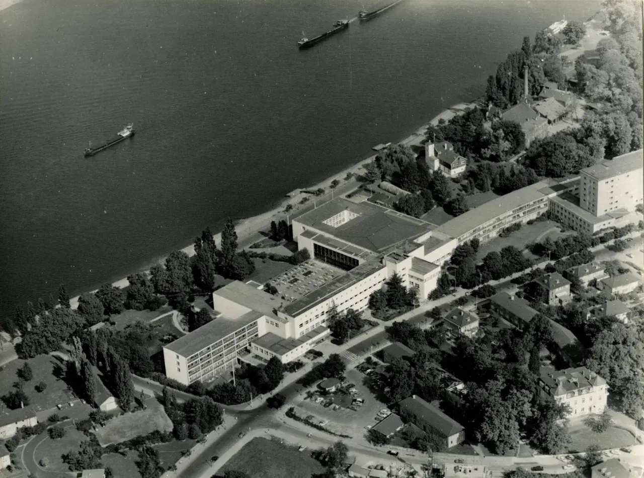 Luftaufnahme von Bonn am Rhein, als die Stadt Hauptstadt war. Mehrere Schiffe auf dem Wasser, Regierungsgebäude und Bäume.