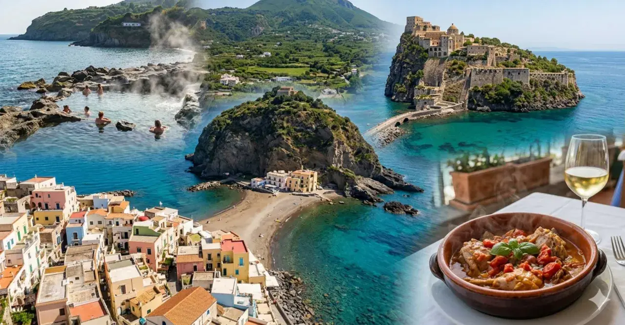 Ischia a settembre: terme naturali, borgo colorato, castello medievale e un piatto fumante con vino bianco.