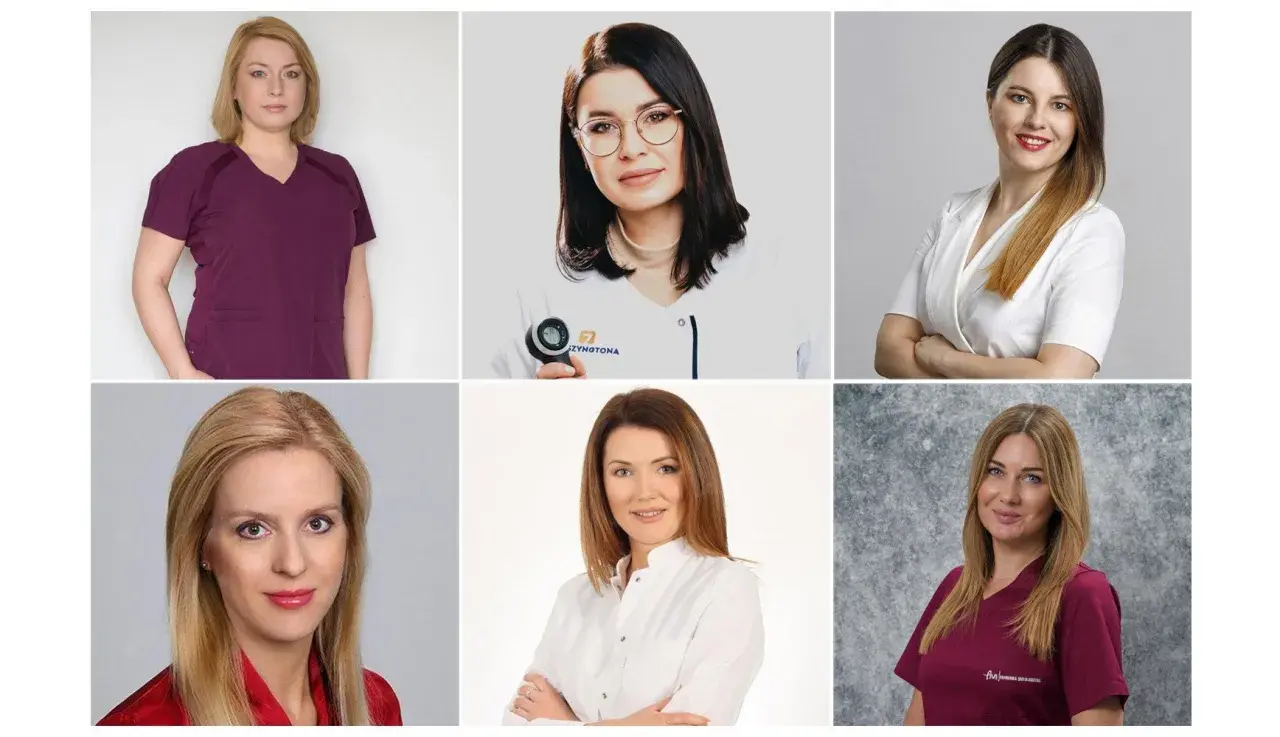 Sześć portretów lekarek w strojach medycznych, prawdopodobnie dermatologów.