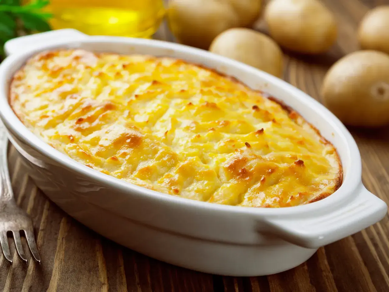 Herzhaftes Kartoffelgratin mit gekochten Kartoffeln, goldbraun überbacken, bereit zum Servieren.