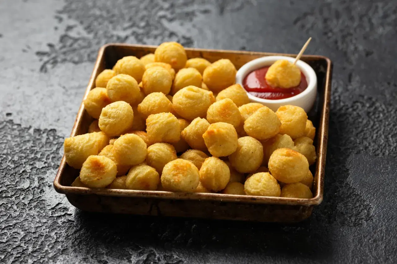 Un plateau rempli de pommes dauphine dorées et croustillantes, prêtes à être trempées dans une sauce tomate.