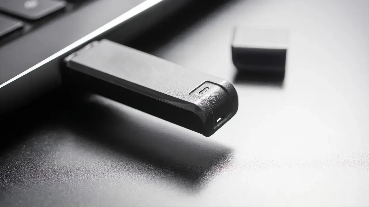 Schwarzer USB-Stick steckt in einem Laptop. Die Frage "usb stick formatieren welches format" wird durch das Bild angeregt.