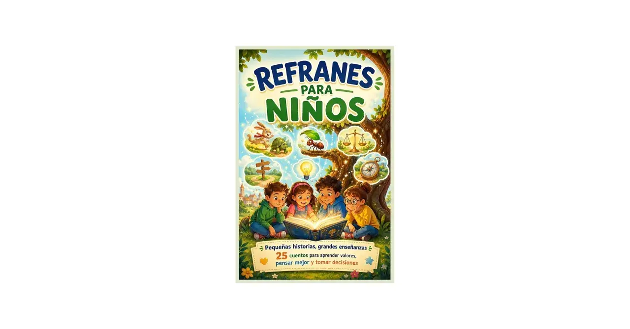 Ilustración de un libro titulado "Refranes para niños", con cuatro niños leyendo un libro mágico. Incluye imágenes de animales y símbolos de sabiduría.