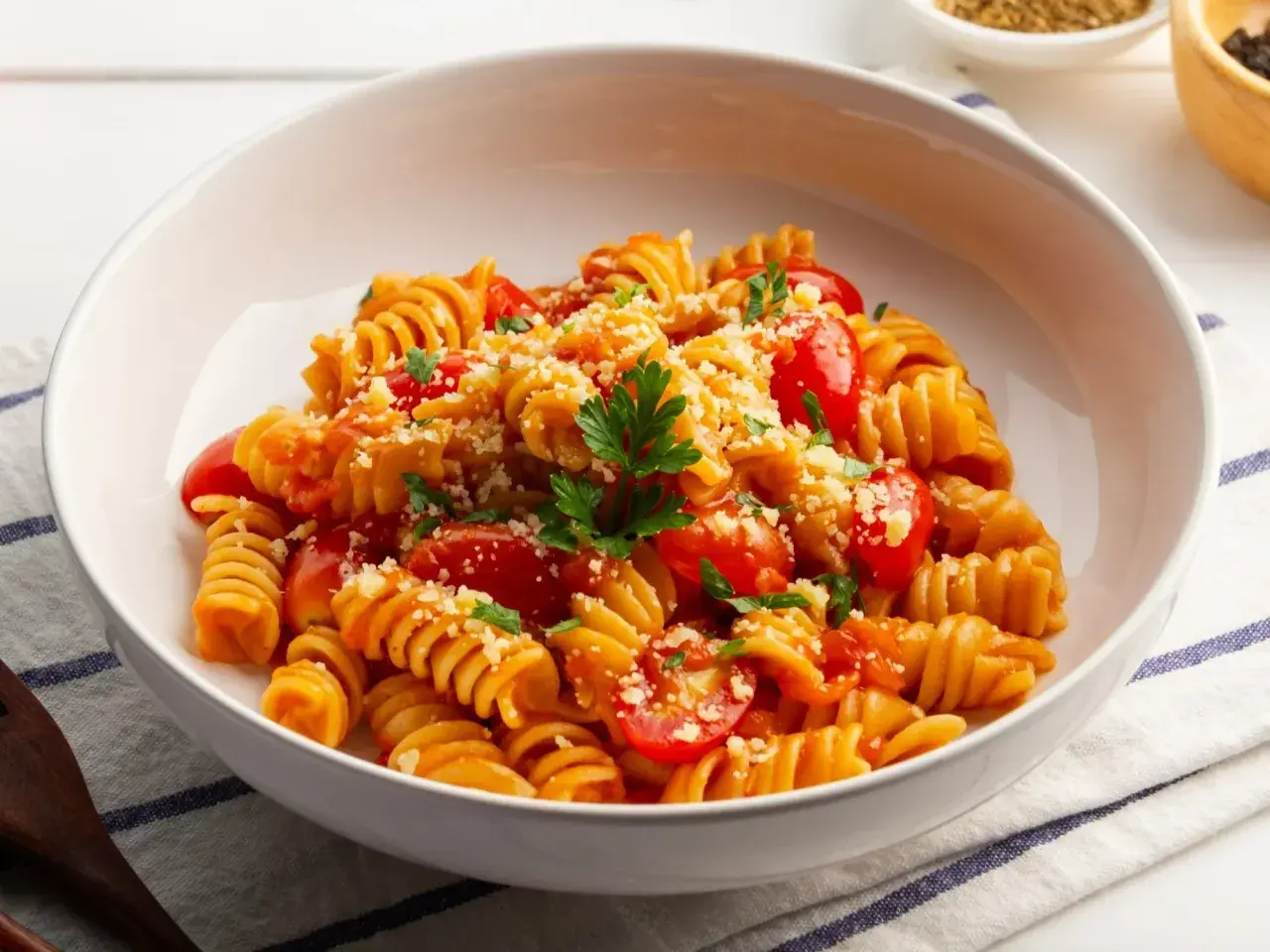 Pyszny makaron z warzywami: fusilli w sosie pomidorowym z pomidorkami koktajlowymi, posypany parmezanem i natką pietruszki.