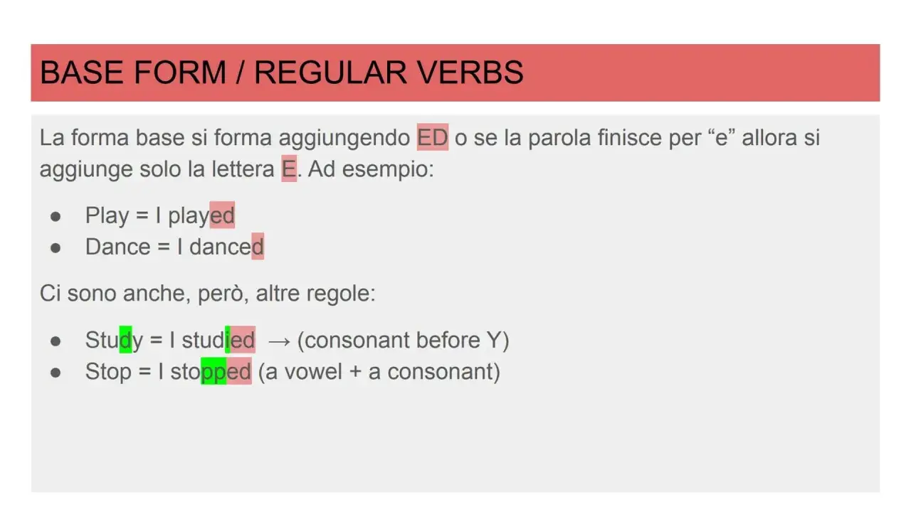 Esempi di frase past simple: "I played" e "I danced". Si aggiunge ED o E ai verbi regolari.