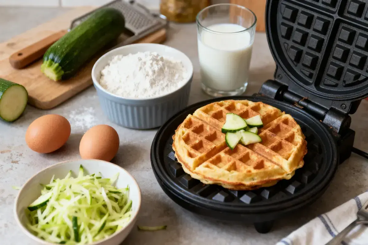 Gaufre courgette dorée dans un gaufrier, entourée d'ingrédients : courgettes râpées, œufs, farine et lait.