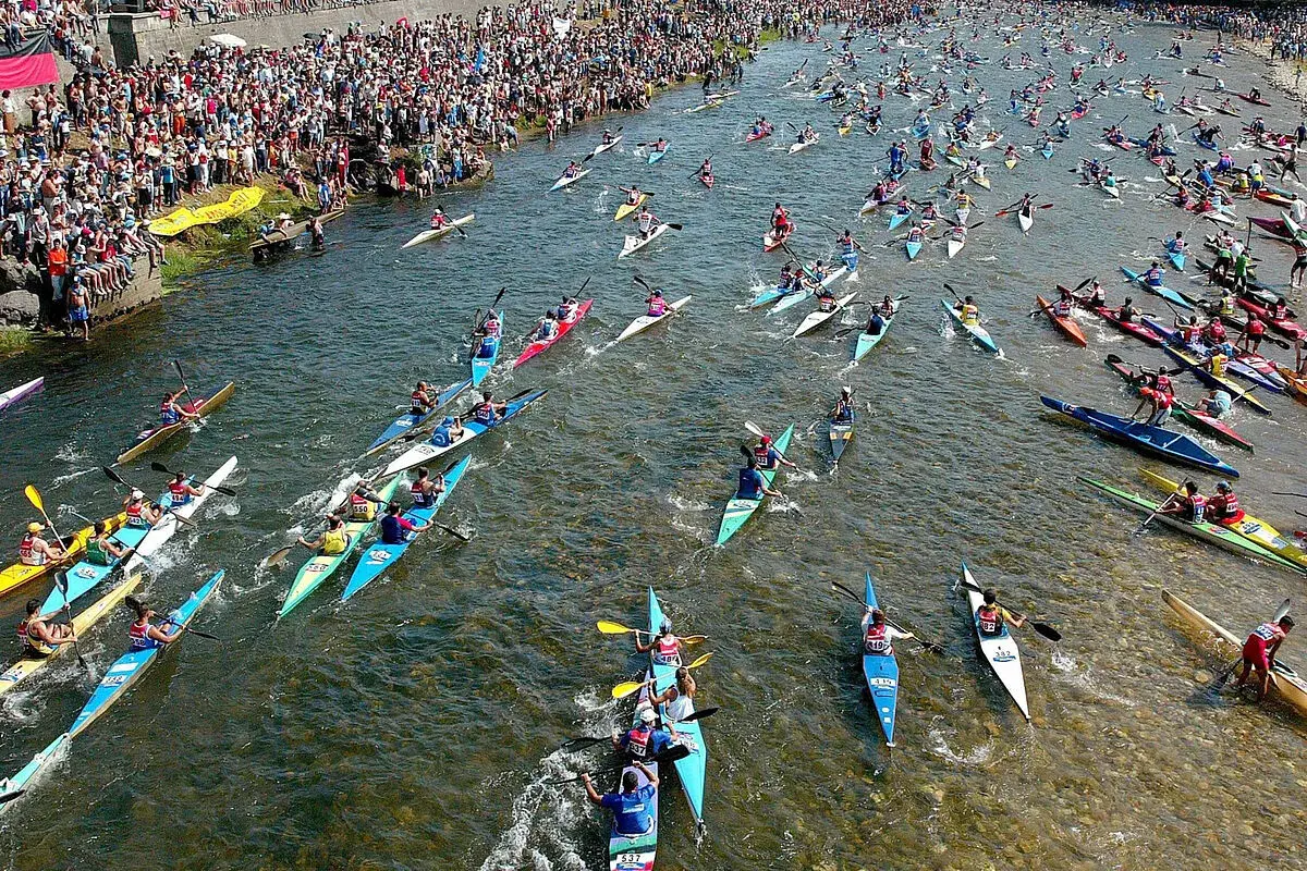 Multitudinaria fiesta de las piraguas en un río lleno de deportistas compitiendo en sus canoas.