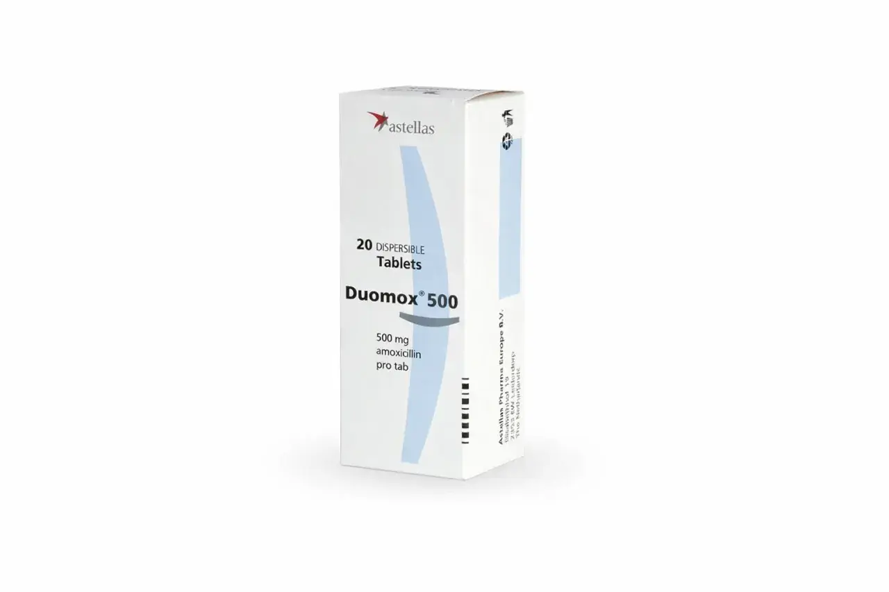 Opakowanie leku Duomox 500 mg, zawierające 20 tabletek dyspergowalnych z amoksycyliną, stosowane w leczeniu infekcji bakteryjnych.